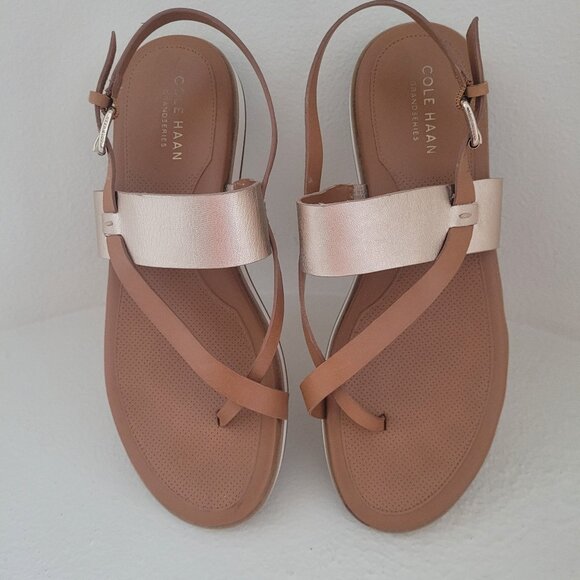 Cole Haan Flat Sandal, Gold Metallic/Brown Leather.  8M - Picture 1 of 6
